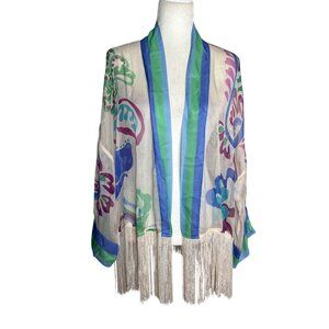 Johnny Was Jade Sheer Sunset Silk Floral Kimono Medium Fringe Open Front NEW